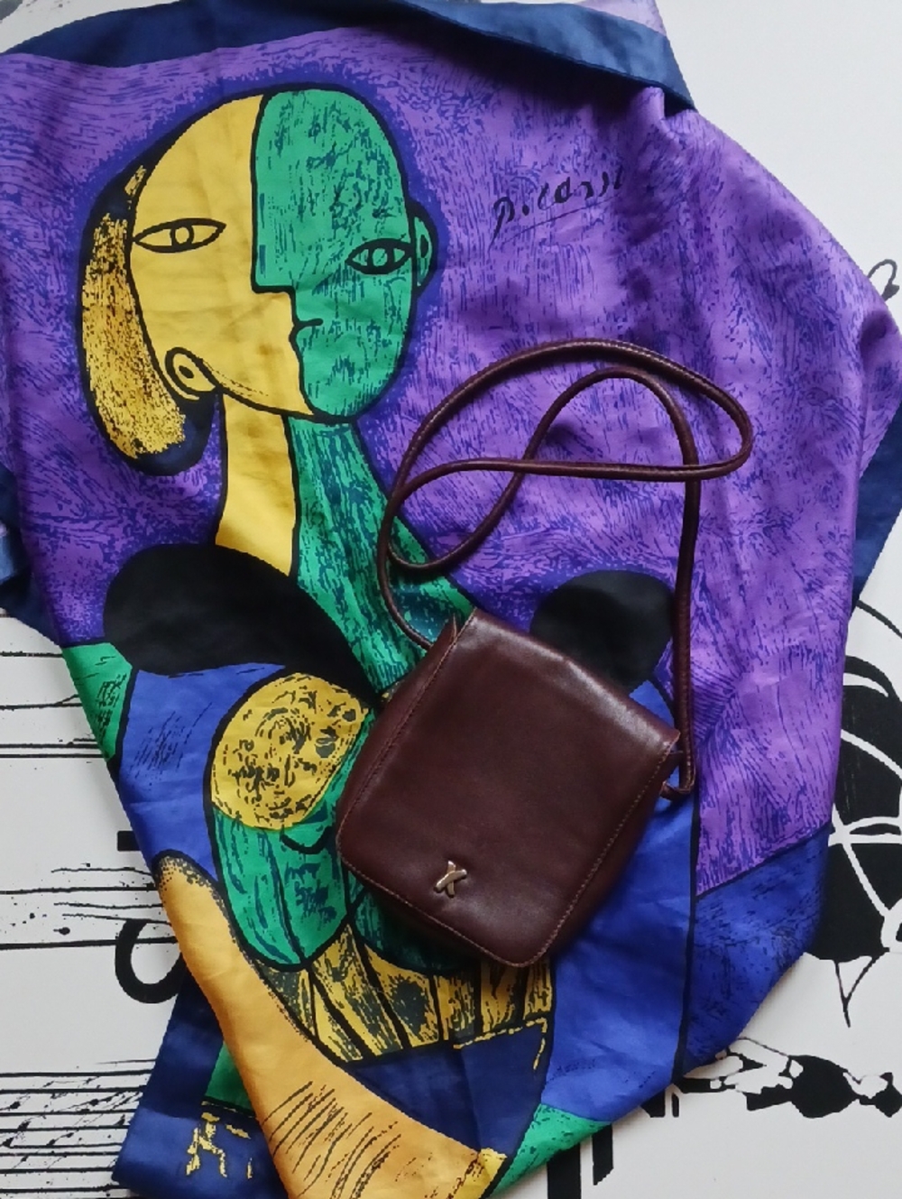 Vintage Paloma Picasso Brown Small Crossbody Bag + Paloma Picasso Silk Scarf
